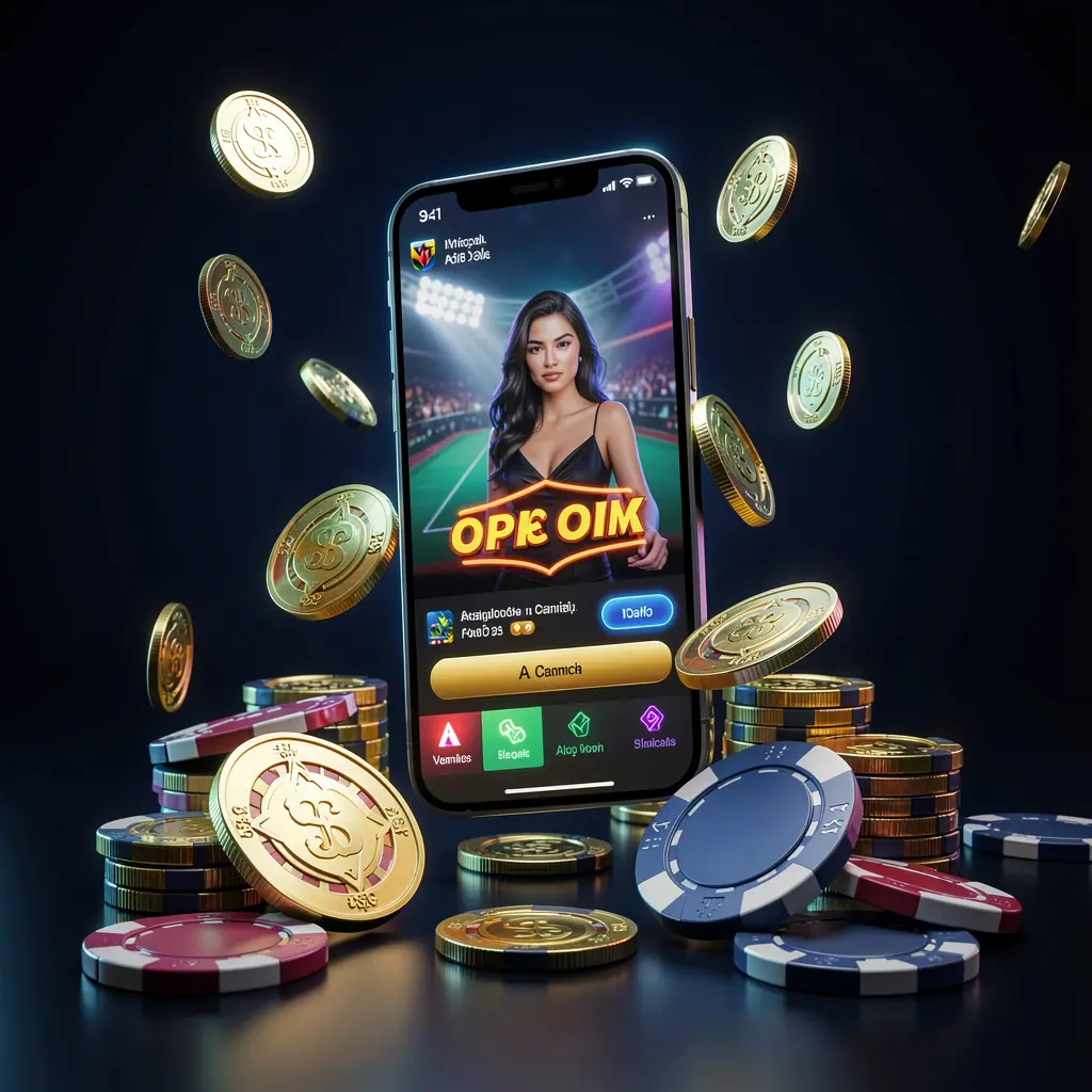 CPJIL online casino app promotion banner with a phone floating above golden coins and poker chips against a dark blue and black background with cinematic neon glow in a realistic 3D render