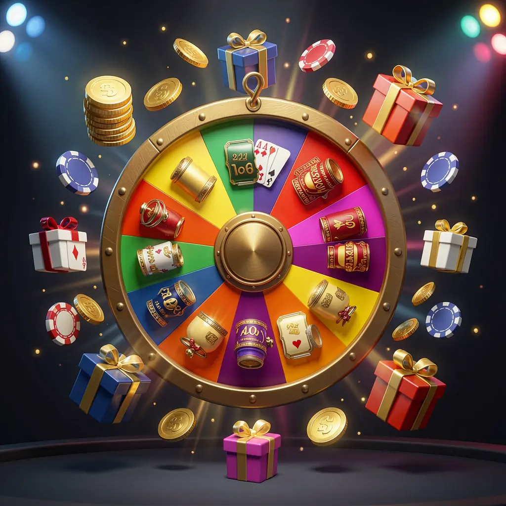 CPJIL online casino bonus wheel with colorful prize wheel surrounded by golden coins, chips, and gift boxes, glowing casino lights creating an exciting jackpot atmosphere on a dark background