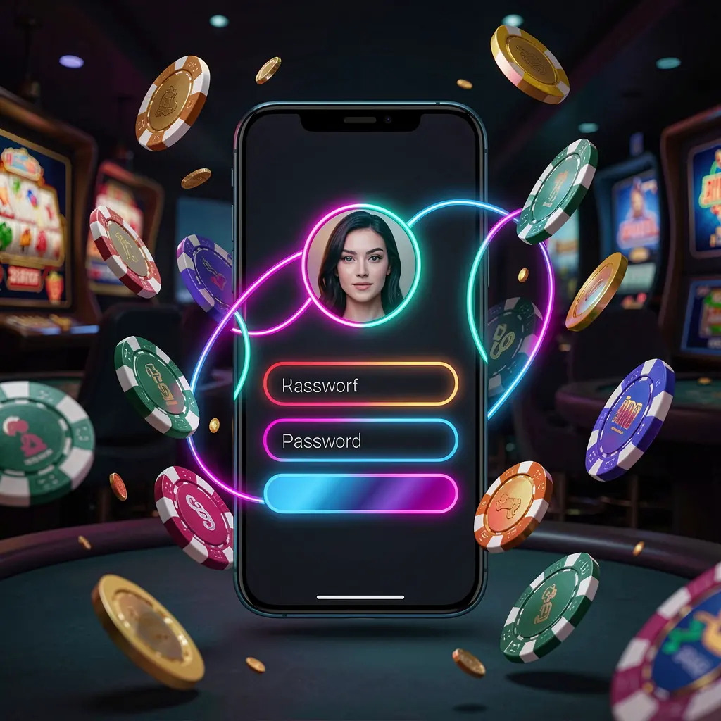 CPJIL mobile casino login screen with abstract UI shapes for user profile and password fields on a glowing neon phone, surrounded by flying chips and coins in a dark premium casino atmosphere