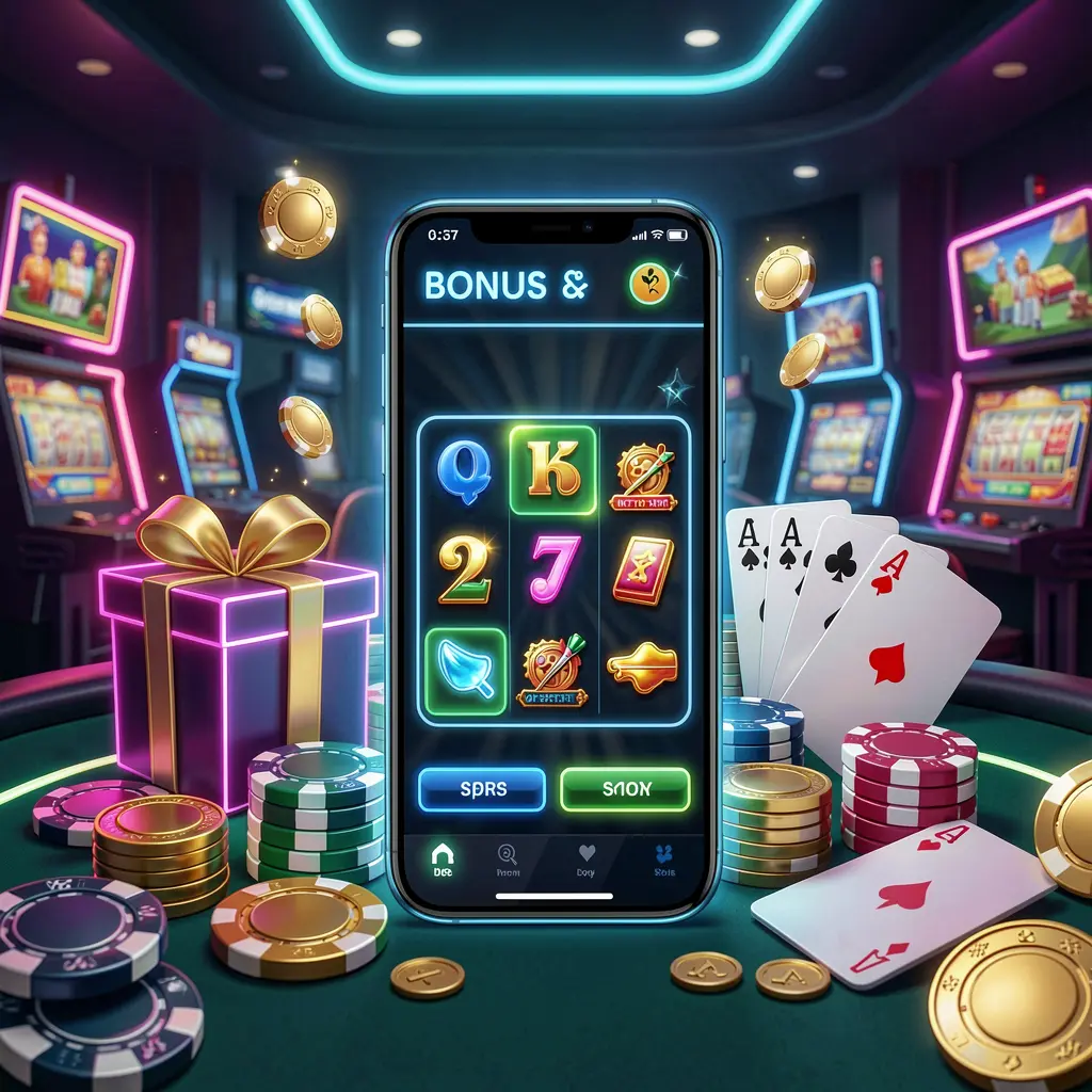 CPJIL modern casino website hero scene featuring a smartphone with a glowing interface surrounded by a bonus gift box, chips, coins, and playing cards in a premium neon casino style